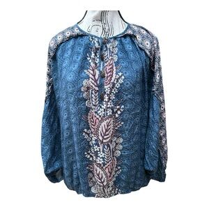 Maeve Anthropologie Blue Boho Floral Peasant Blouse L Elastic Hem Puff Sleeve